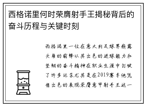 西格诺里何时荣膺射手王揭秘背后的奋斗历程与关键时刻