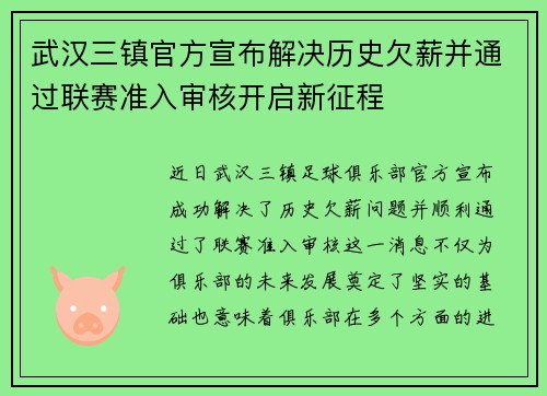 武汉三镇官方宣布解决历史欠薪并通过联赛准入审核开启新征程
